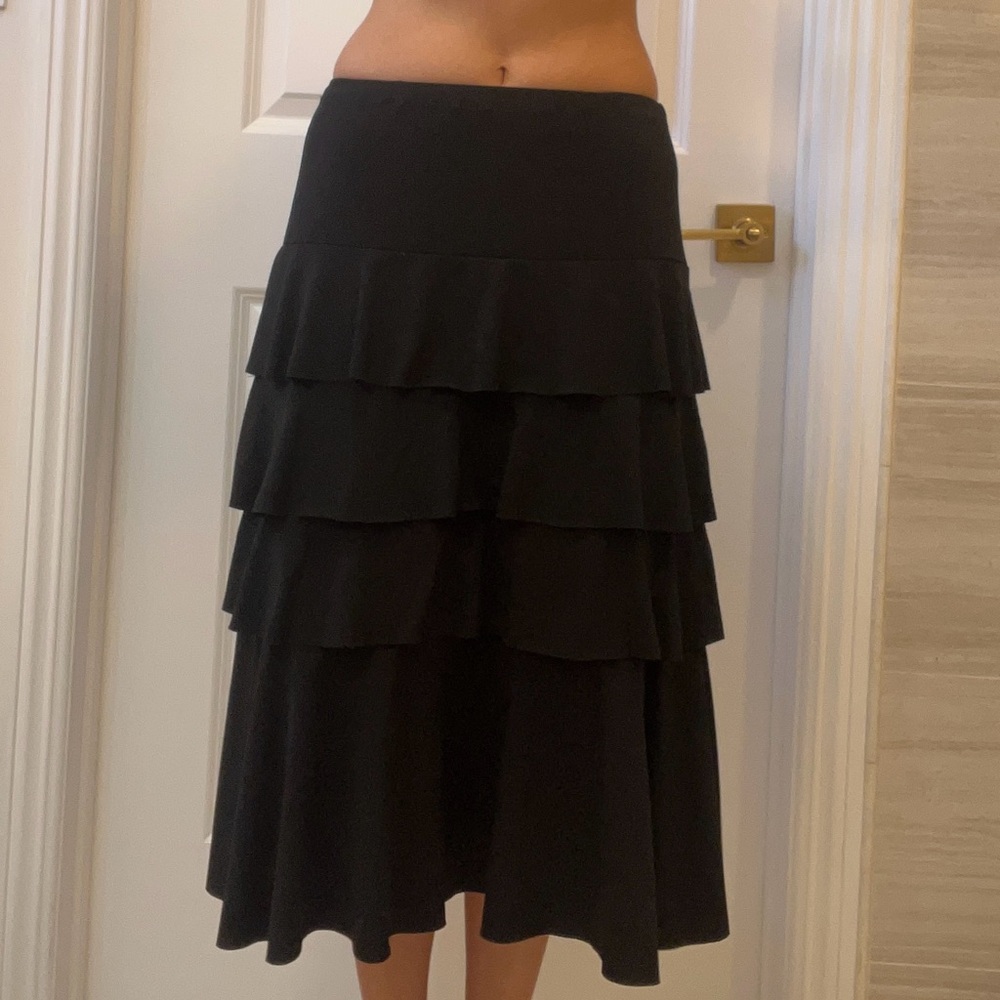 Black Vintage Tiered Ruffle Midi Skirt
